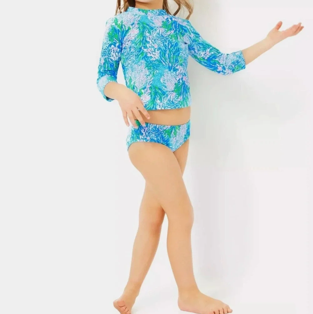 LILLY PULITZER Girls Bobby Rashguard Swimsuit Set Size 7 Los Olas Aqua Blue NWT